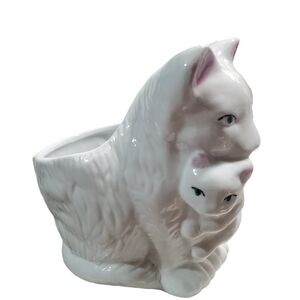 Vtg Mom and baby Kitty Cat planter ceramic high-gloss gree blue eyes